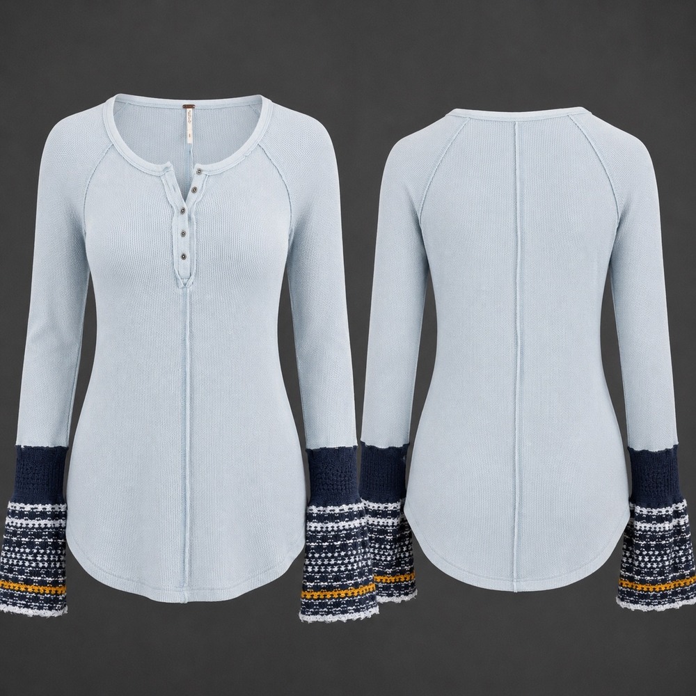 Free People Newbie Fitted Thermal Top Medium Blue Bell Sleeve‎ Boho Waffle Knit